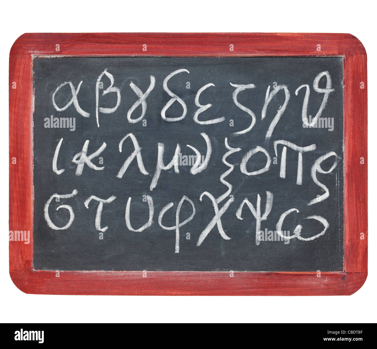 Greek alphabet from alpha to omega - white chalk handwriting on a small slate blackboard Stock Photo