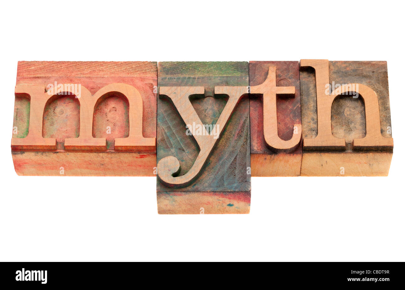vintage wood printing blocks spelling word myth, isolated on white Stock Photo