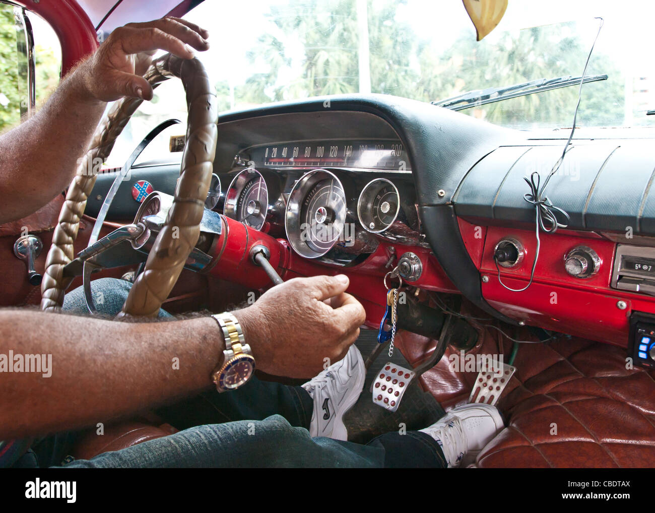 inside of an antique car in Cuba Stock Photo