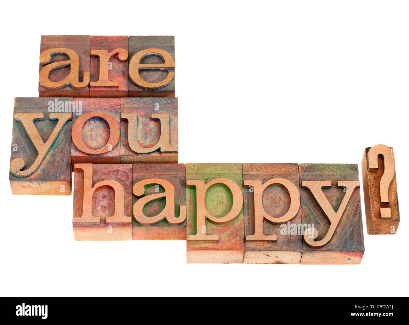 Are you happy question in vintage grunge wood letterpress printing blocks, isolated on white Stock Photo