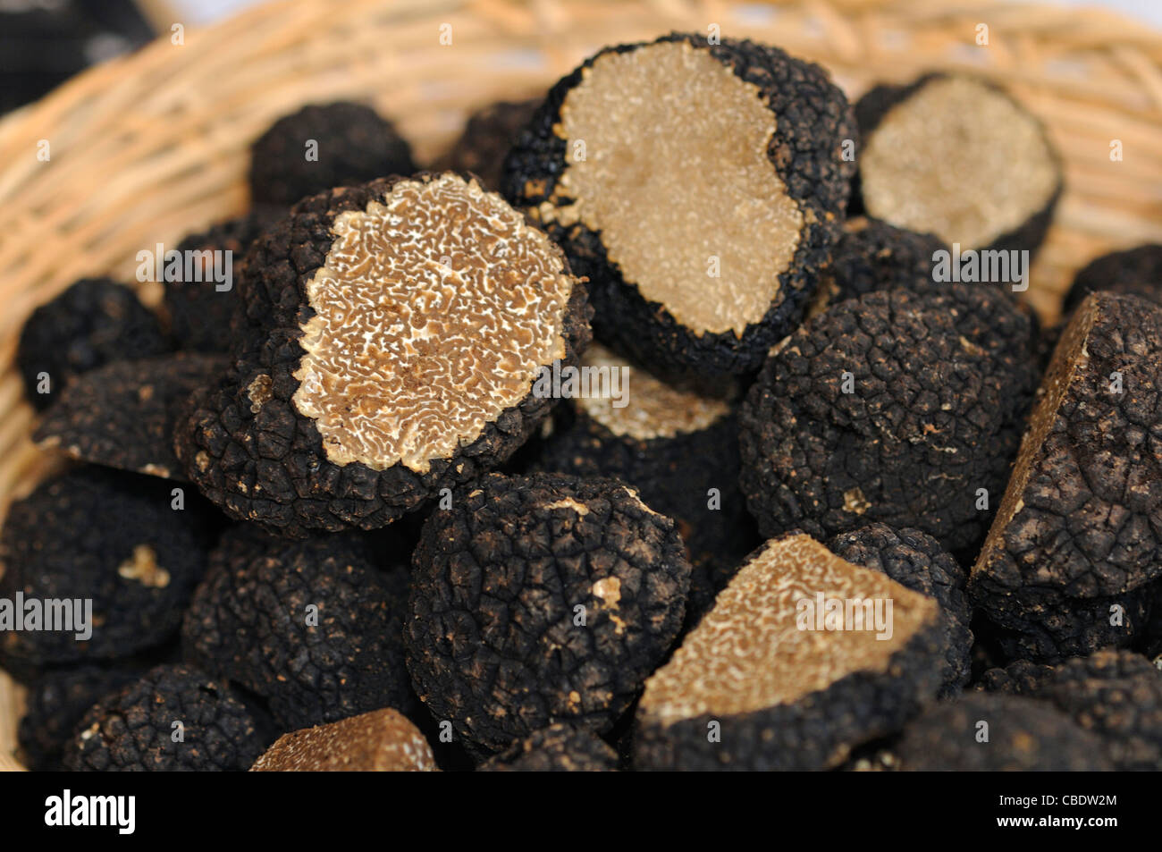 Basket full of burgundy truffels, Switzerland Stock Photo