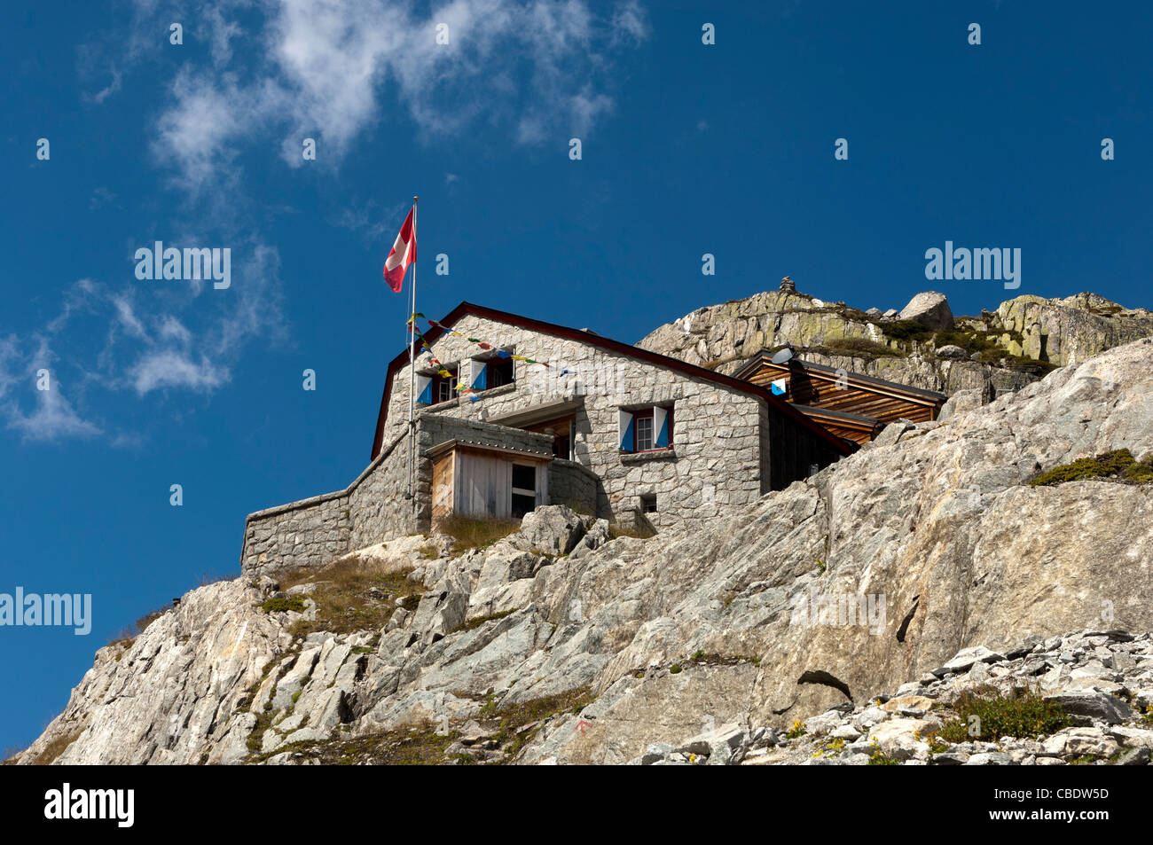 Mountain hut Baechlitalhuette of the Swiss Alpine Club, SAC; Bernese Alps, Grimsel region, Switzerland Stock Photo
