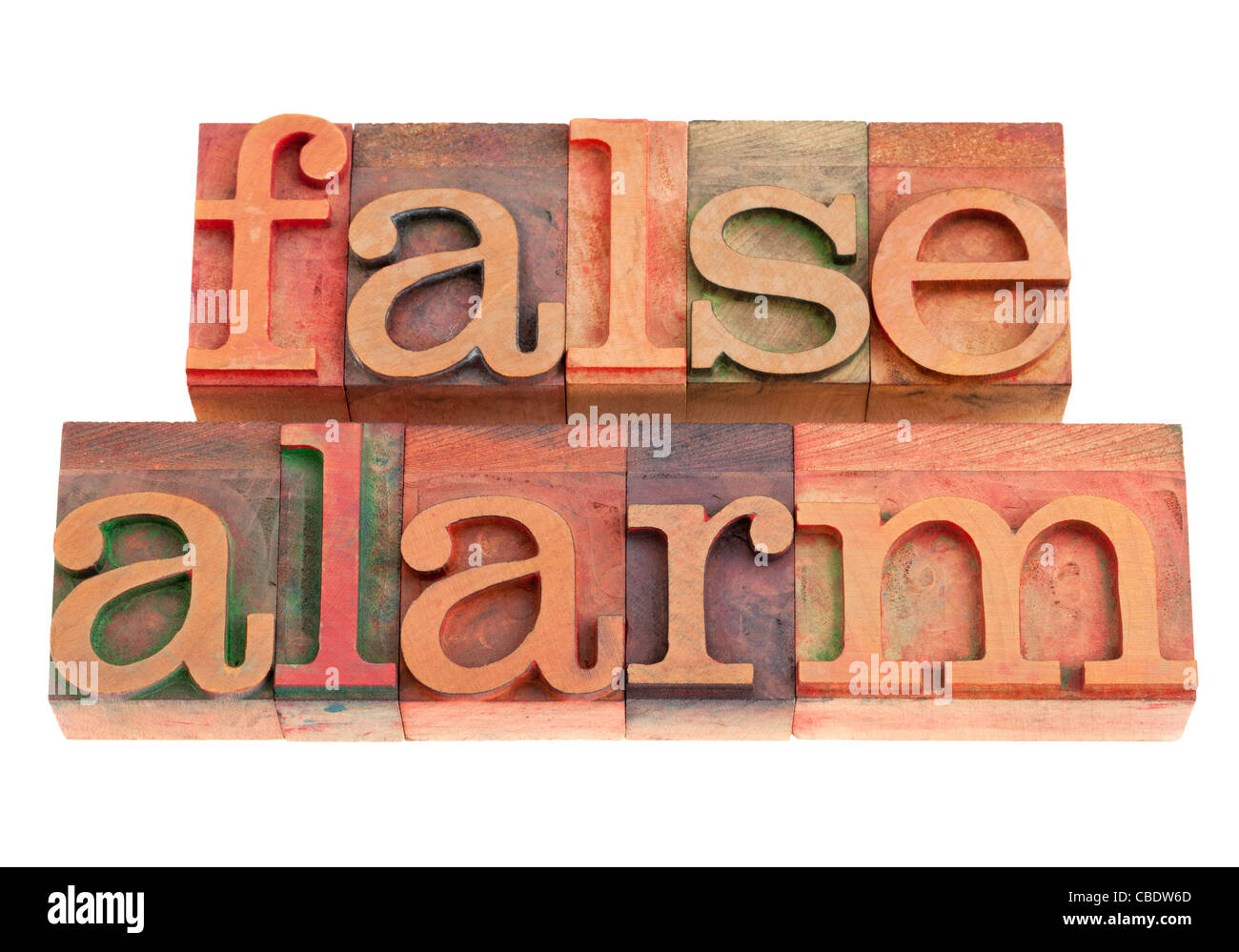 false alarm words in vintage wood letterpress printing blocks, isolated on ...