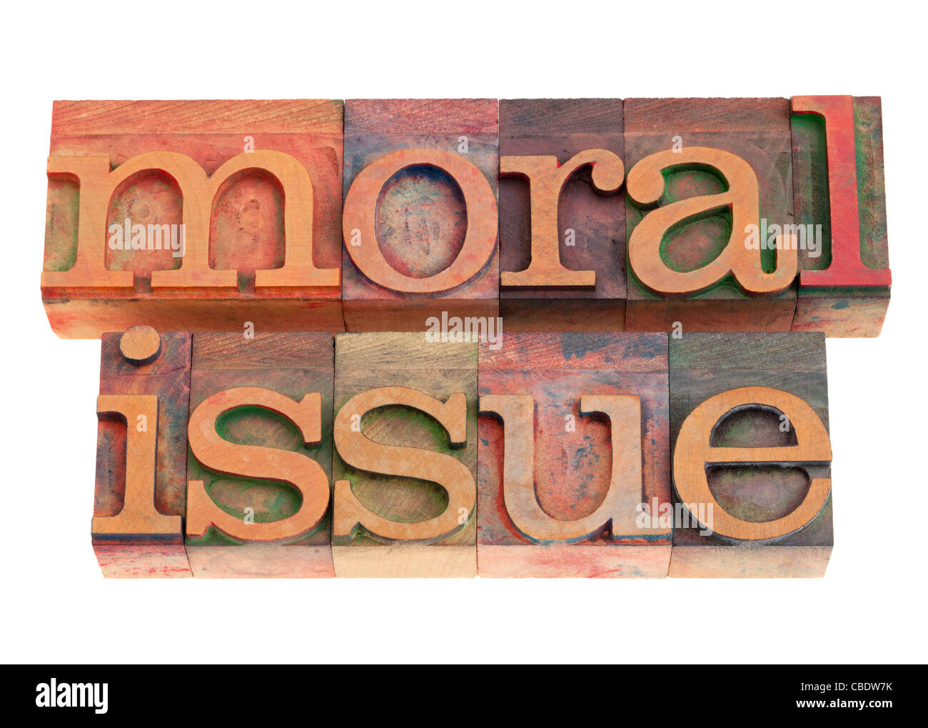 moral issue phrase in vintage wood letterpress printing blocks, isolated on white Stock Photo