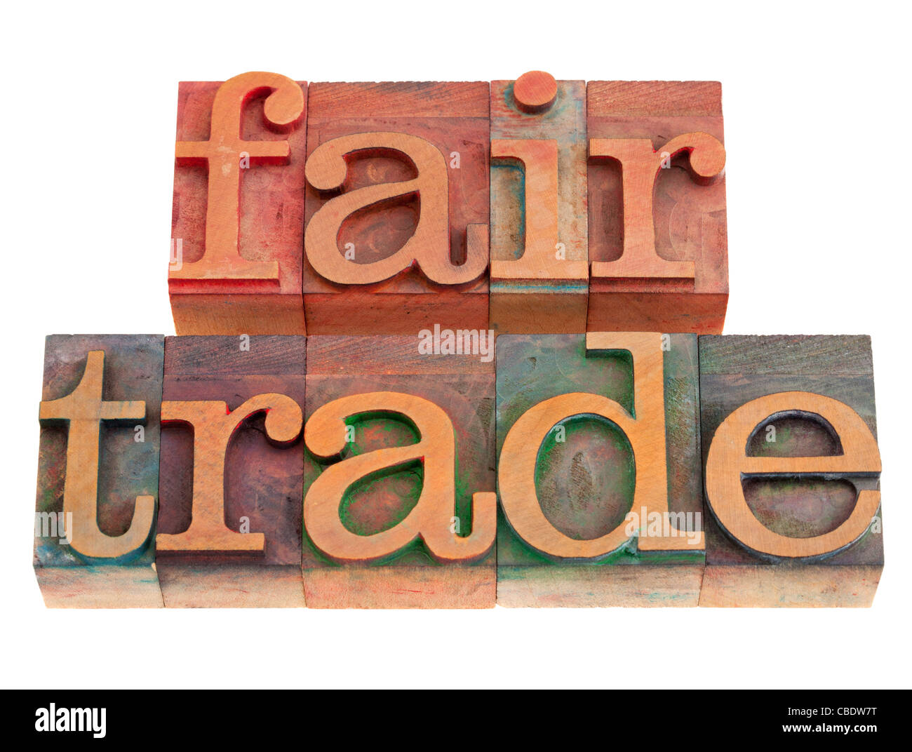 ethical business concept - fair trade words in vintage wood letterpress printing blocks, isolated on white Stock Photo