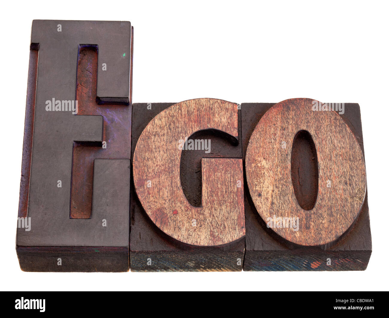 oversized ego concept - word in vintage wood letterpress printing blocks, stained by color inks, isolated on white Stock Photo