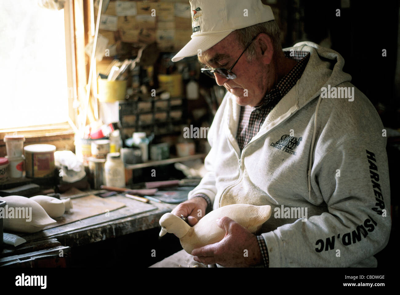 Decoy carver Curt Salter at work in his shop in Harkers Island, in the Core Sound area of