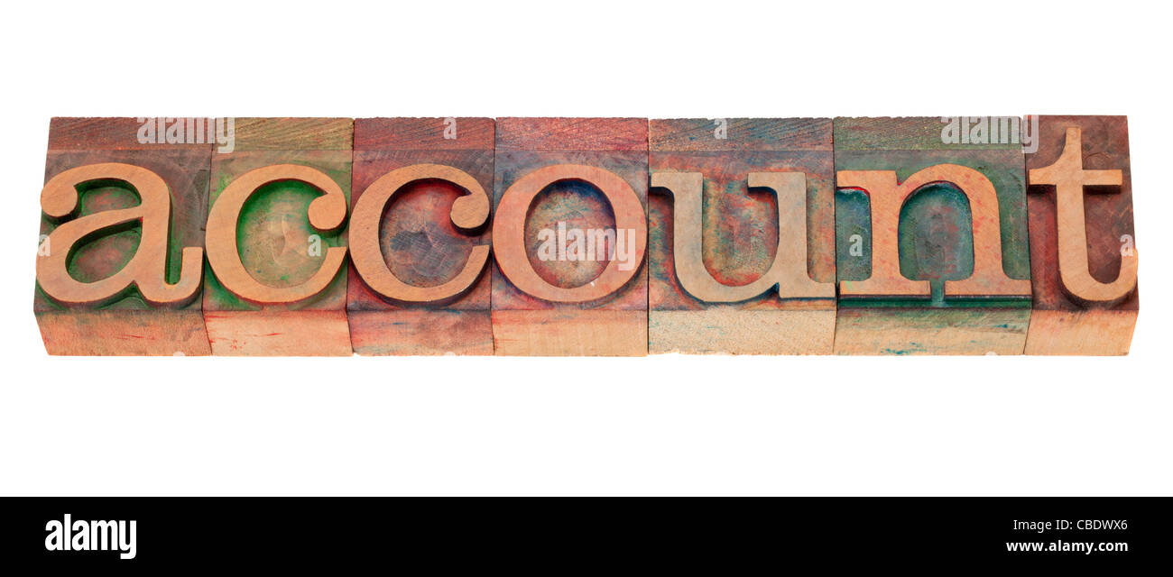 account - isolated word in vintage wood letterpress printing blocks, stained by color inks Stock Photo