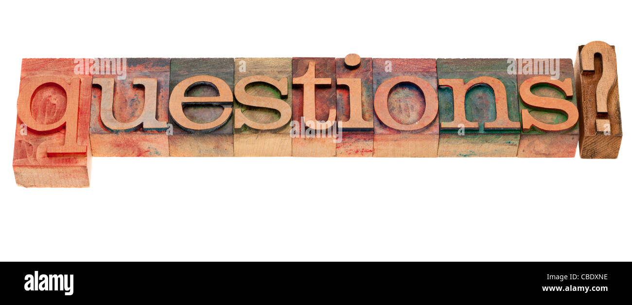 Questions? A word in vintage wooden letterpress printing blocks, stained by color inks, isolated on white Stock Photo