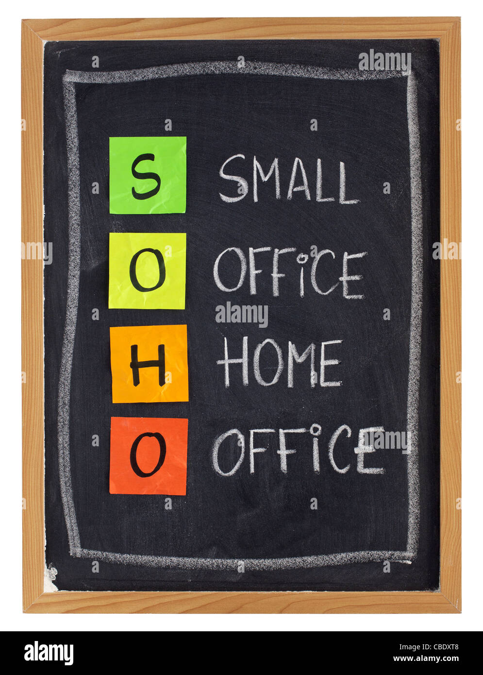 virtual office concept - SOHO acronym (small office, home office) - white chalk handwriting and sticky notes on blackboard, isol Stock Photo