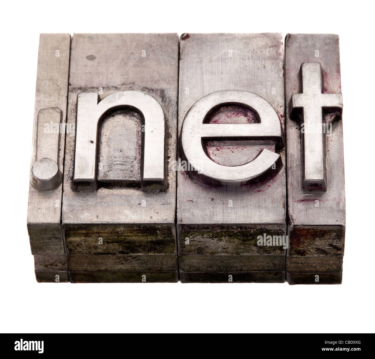 dot net internet domain extension in vintage grunge metal letterpress printing blocks, stained by color inks, isolated on white Stock Photo