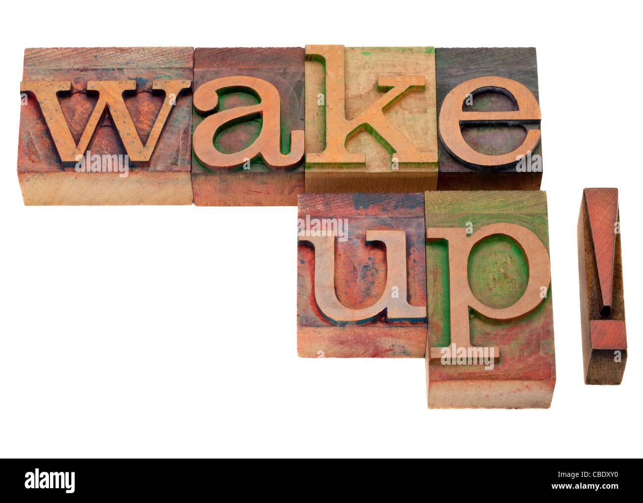 wake up - exclamation phrase in vintage wooden letterpress printing blocks, stained by color inks, isolated on white Stock Photo
