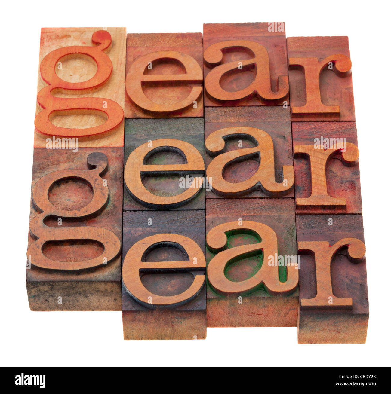 gear - word abstract in vintage wooden letterpress printing blocks, stained by color inks, isolated on white Stock Photo