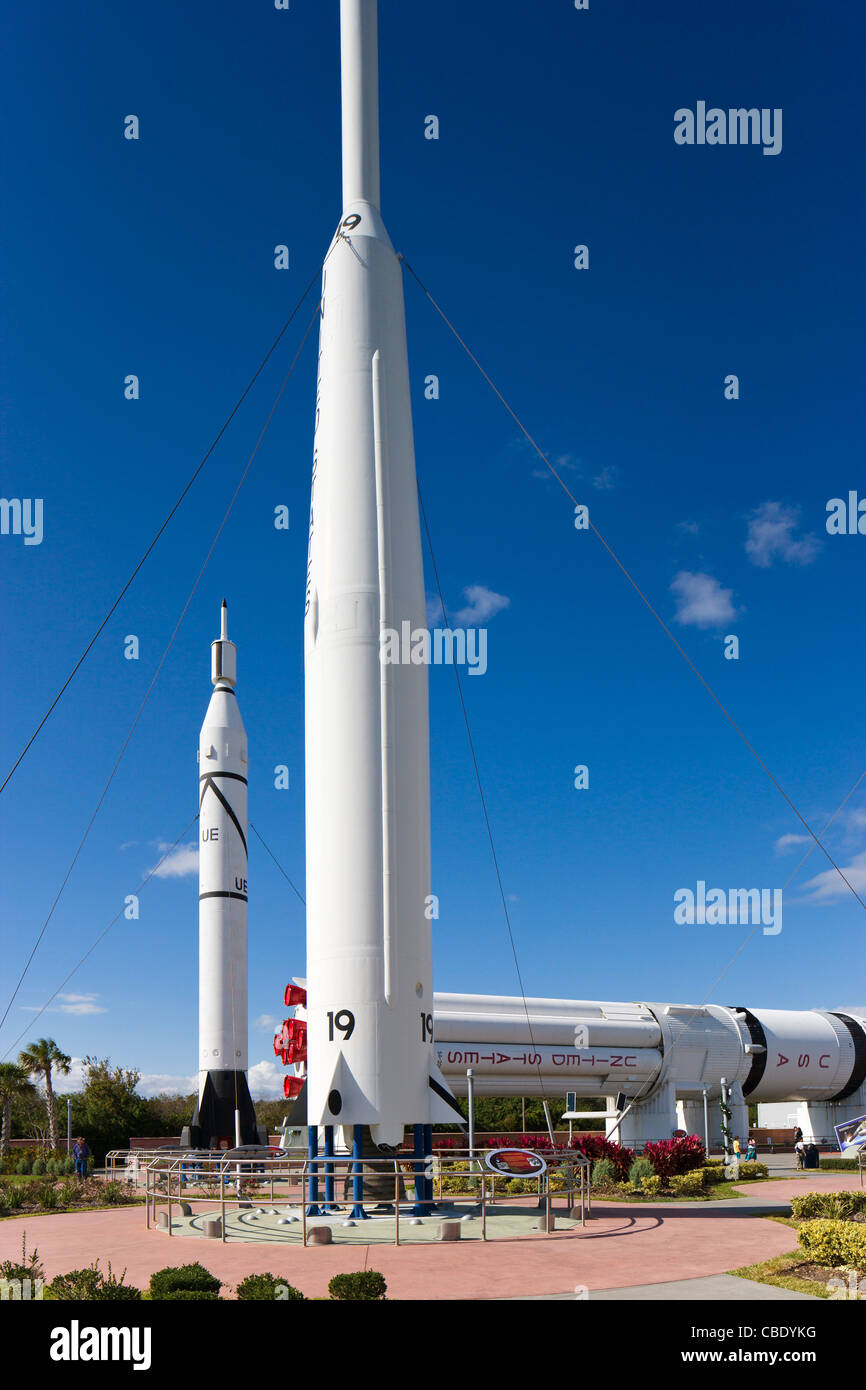 Delta rocket with Saturn IB behind, The Rocket Garden, Kennedy Space Center Visitor Complex, Merritt Island, Florida, USA Stock Photo