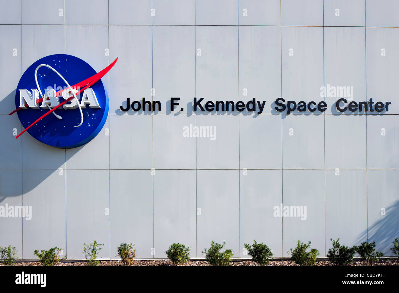 NASA logo on the wall of the Nature and Technology building, Kennedy Space Center Visitor Complex, Merritt Island, Florida, USA Stock Photo