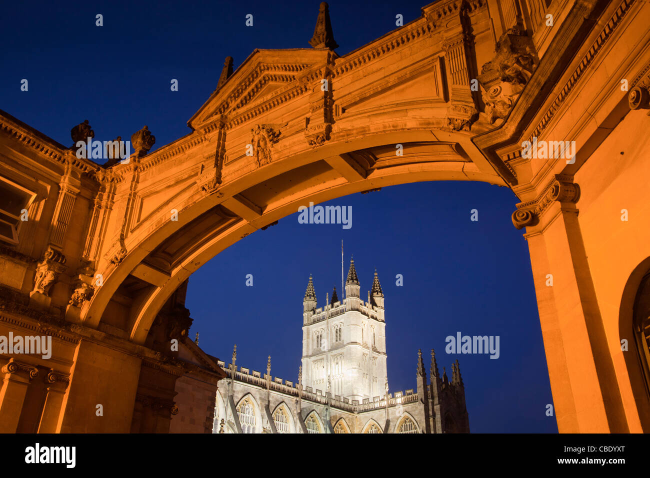 Bath Abbey at twilight, viewed through the Palladian Arch in York Street. Stock Photo