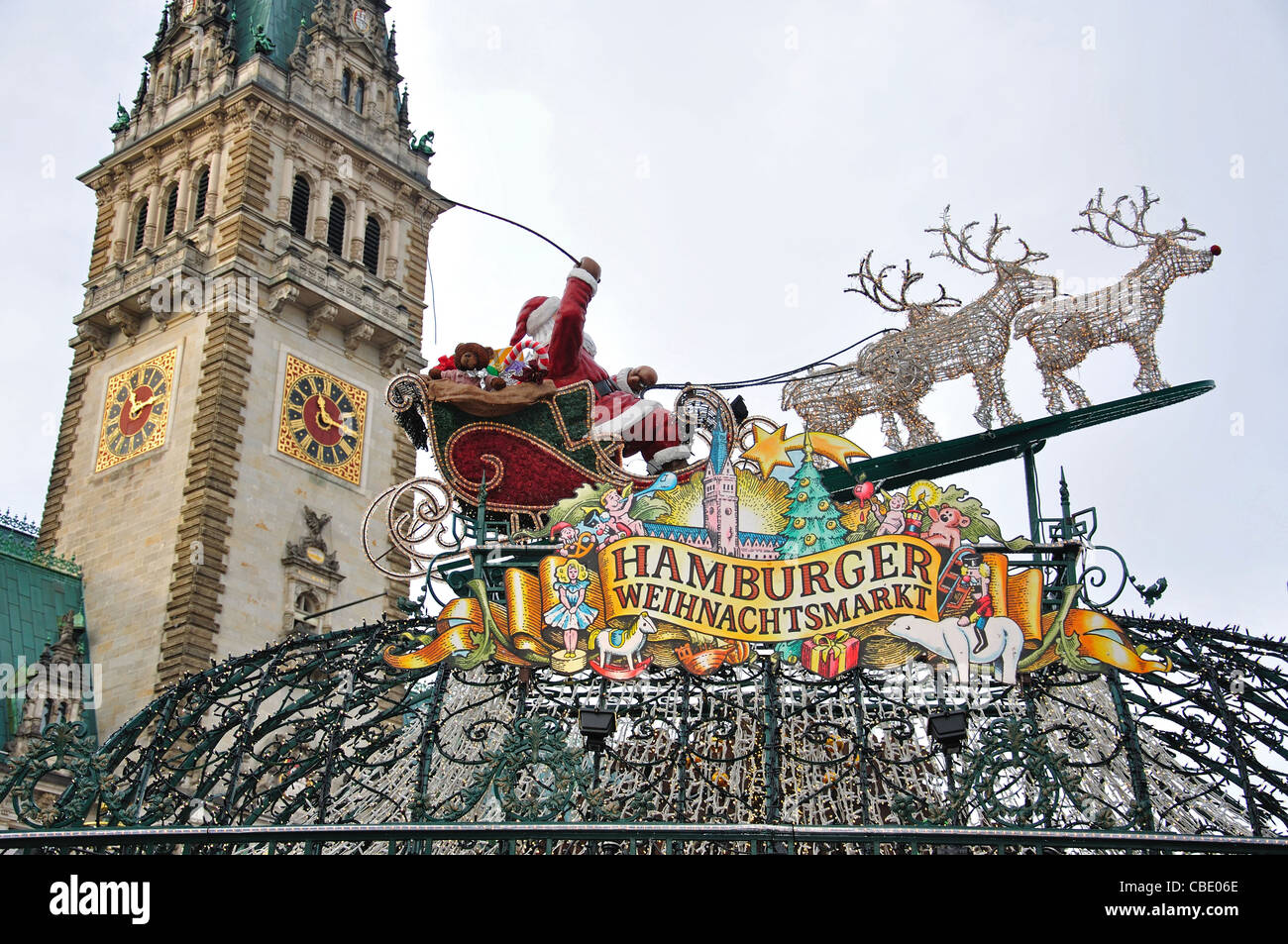 Entrance sign to Christmas Market, Rathausplatz, Hamburg, Hamburg Metropolitan Region, Federal Republic of Germany Stock Photo