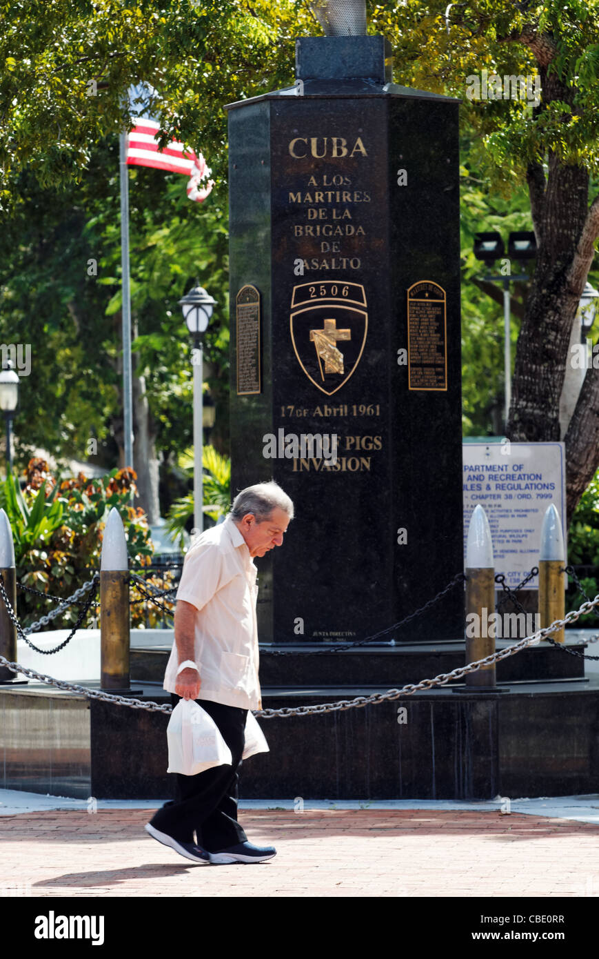 A man walks past the Bay of Pigs memorial in Miami, Florida's little Havana neighborhood commemorates the 17 April 1961 invasion Stock Photo