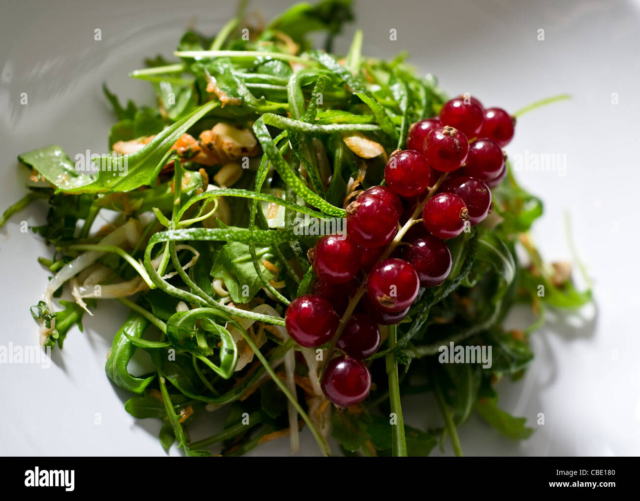 modern salad made with arugula, bean sprouts, hazelnut, lime zest and