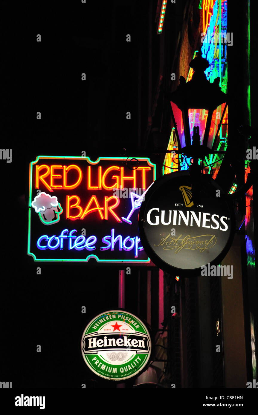 Neon signs at night in Red-light district, Amsterdam, Noord Holland, Netherlands Stock Photo