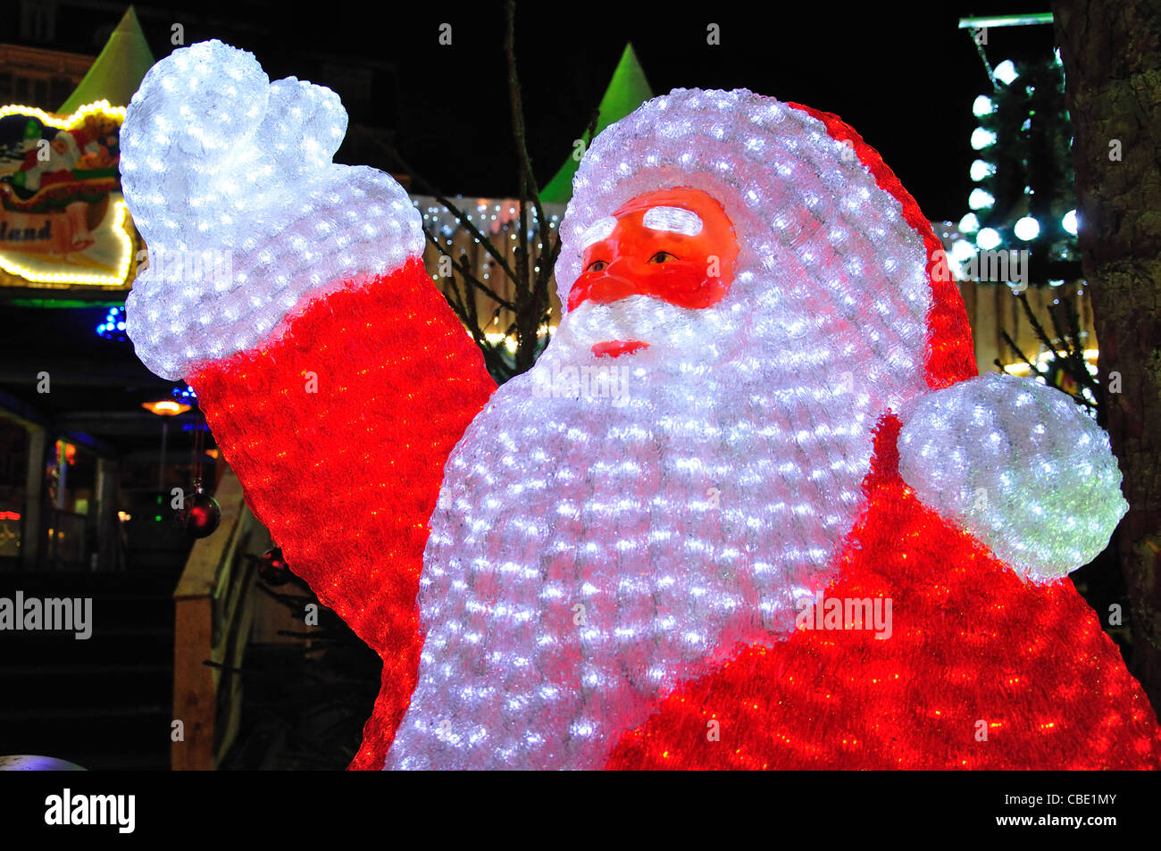 Crystal LED Father Christmas at Christmas market, Rembrandtplein, Amsterdam, Noord-Holland, Kingdom of the Netherlands Stock Photo