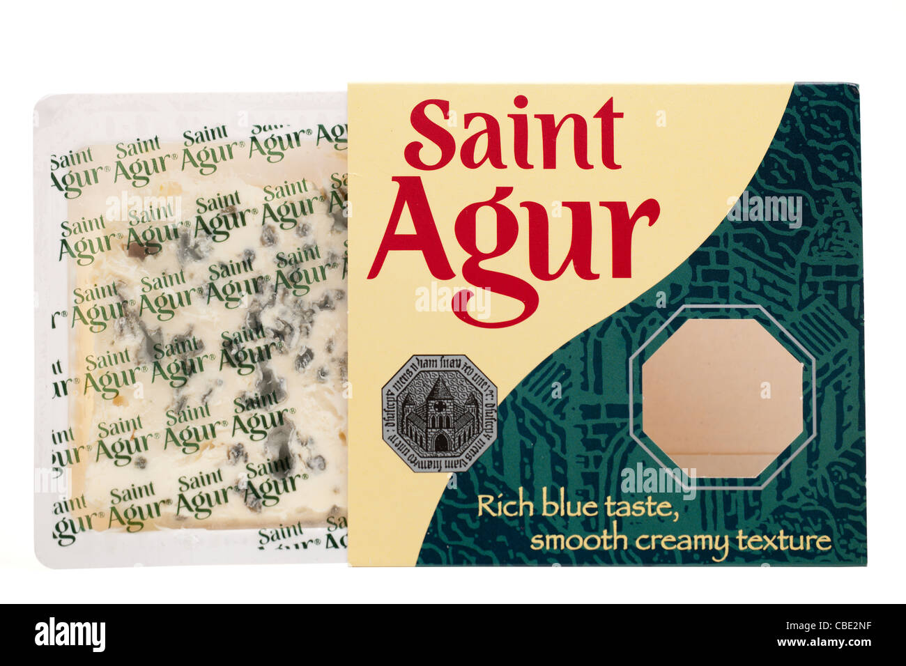 Box pack of Saint Agur rich blue smooth creamy soft cheese Stock Photo