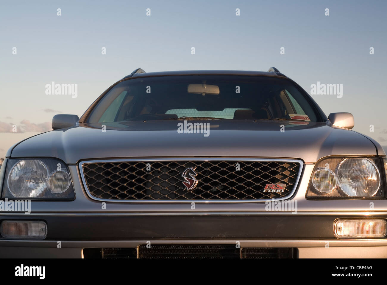 Front bumper fender grille and symbol moniker badge of a Nissan Stagea