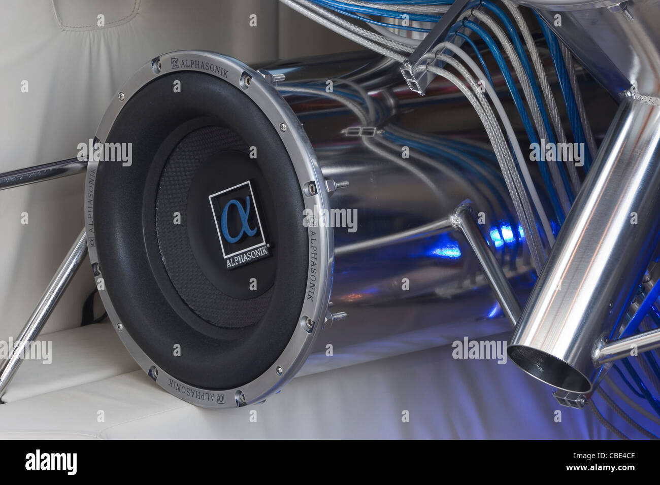 Subwoofer stereo speaker in a fully custom installation inside a heavily modified vehicle Stock Photo