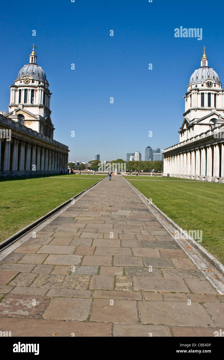 Old Royal Naval College UNESCO world heritage site looking towards Canary Wharf Greenwich London England Europe Stock Photo
