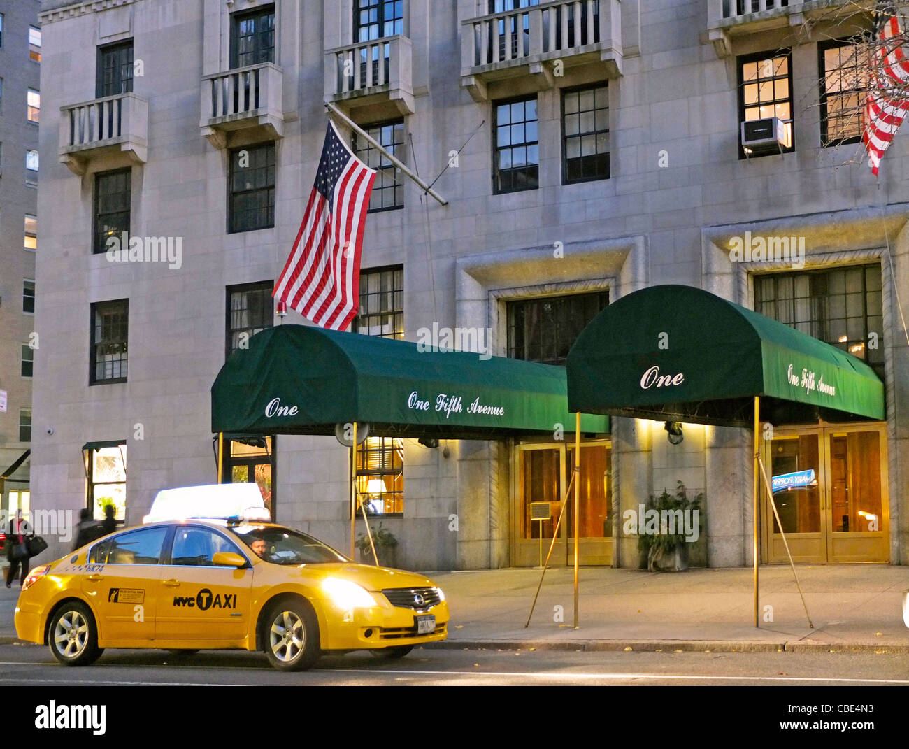 New York City Taxi at One Fifth Avenue building Stock Photo