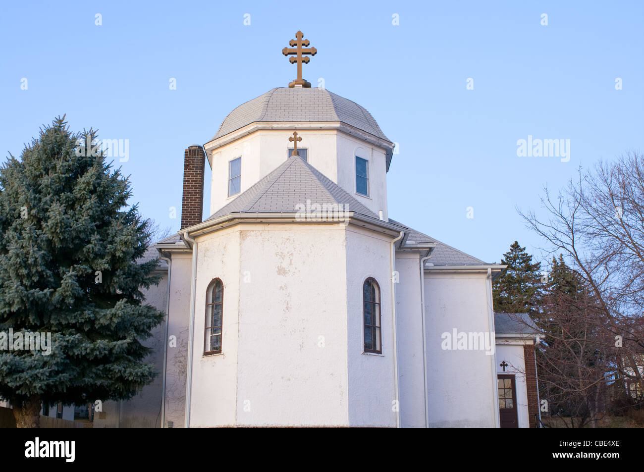 Romanian Orthodox Church dome and cross in South Saint Paul Minnesota Stock Photo