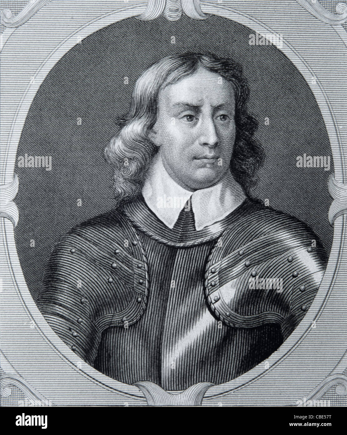 Portrait of Oliver Cromwell (1599-1658) English Soldier and Statesman. Portrait Dressed in Body Armour or Body Armor. c19th Engraving.or Vintage Illustration Stock Photo