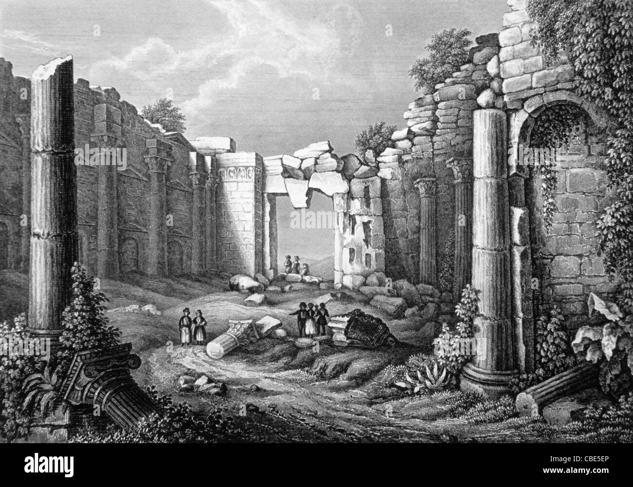Ancient Roman Temple of the Sun, Baalbek, Beqaa Valley, Lebanon. 1851 Steel Engraving or Vintage Illustration Stock Photo