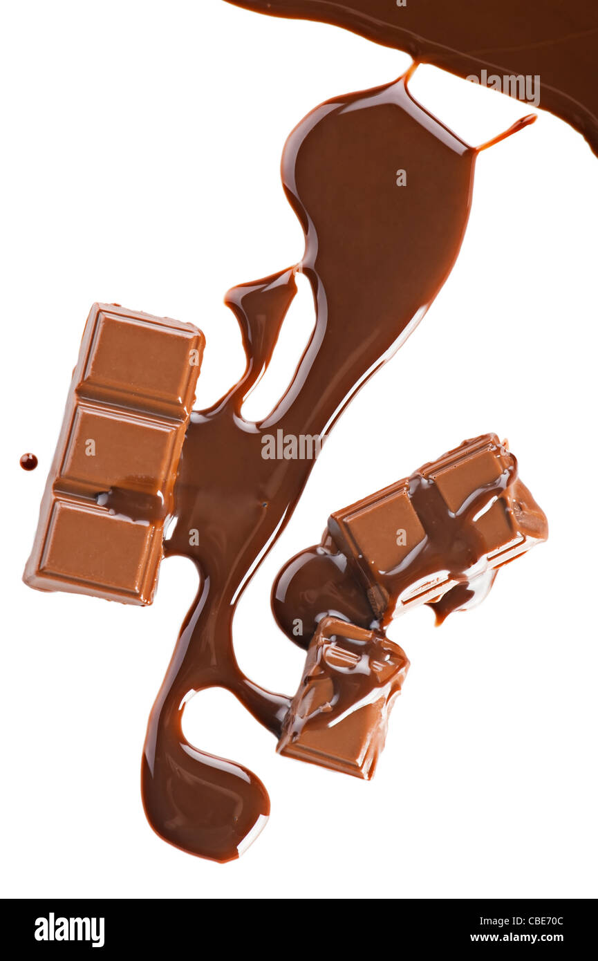 Chocolate abstract background. Bars and liquid chocolate on white Stock Photo