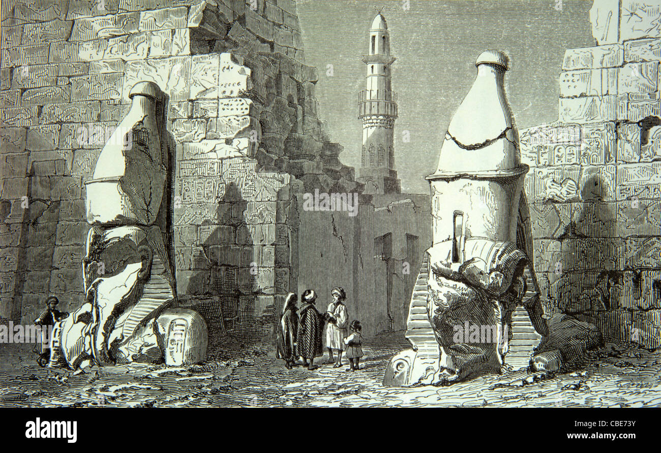 Luxor Temple & Ancient Egyptian Ruins, southern half of ancient Thebes, east Central Egypt. 1860 Engraving or Vintage Illustration Stock Photo
