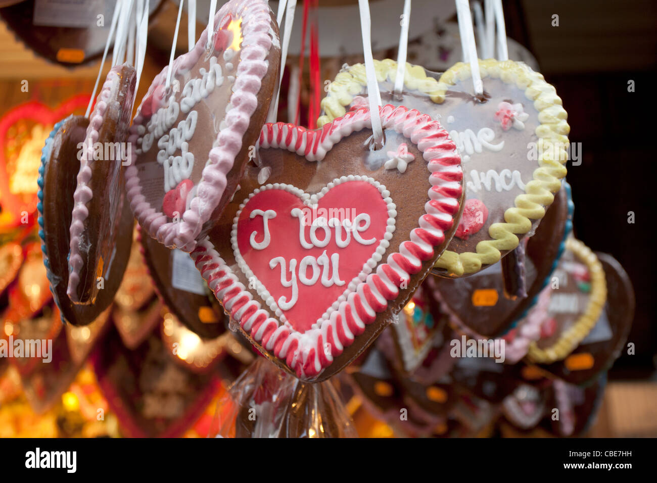 Heart-shaped cookies on sale at the Christmas Market, known locally as the Christkindlmarkt, in Vienna, Austria. Stock Photo