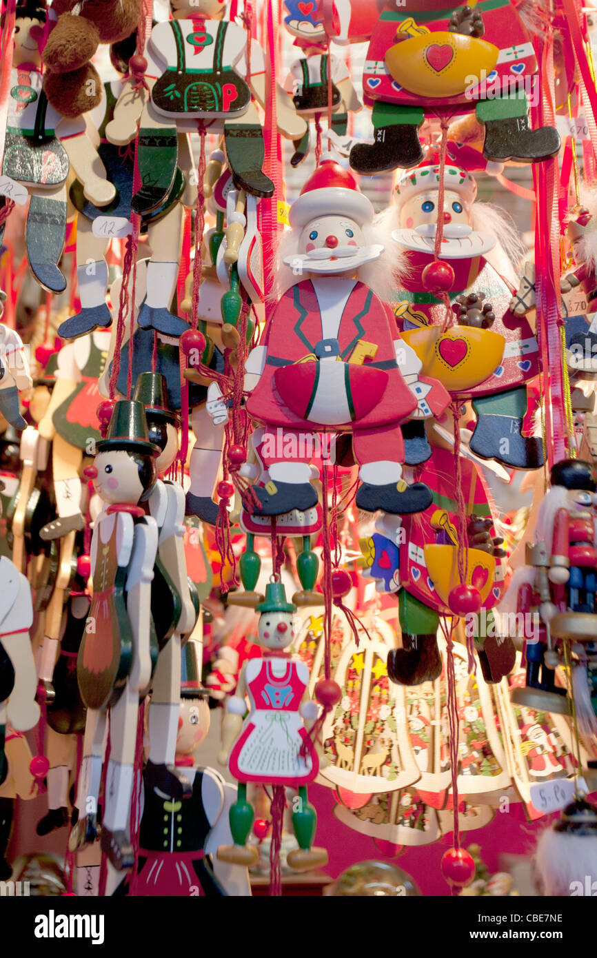Wooden Christmas ornaments on sale at the Wiener Christkindlmarkt, held annually at the Vienna Town Hall, on December 7, 2011. Stock Photo