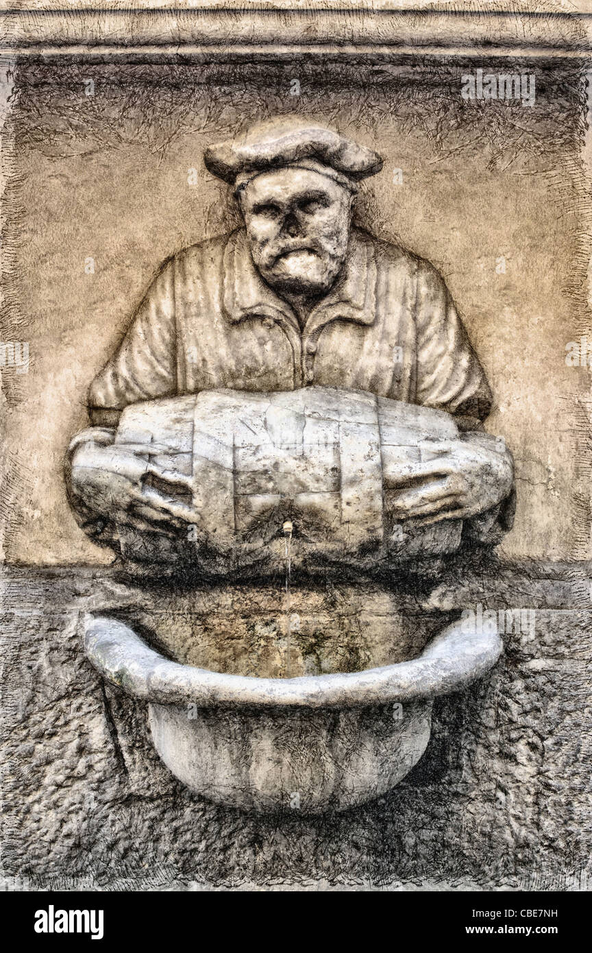 Photo painting of the Fountain of the Porter, Rome. Stock Photo