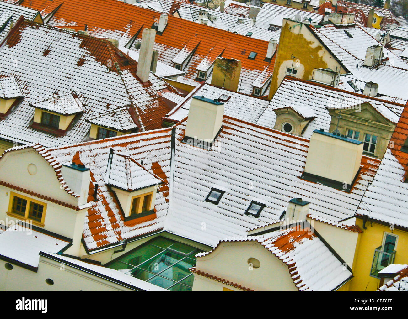 snowy roof tops in Prague taken from Prague castle Stock Photo