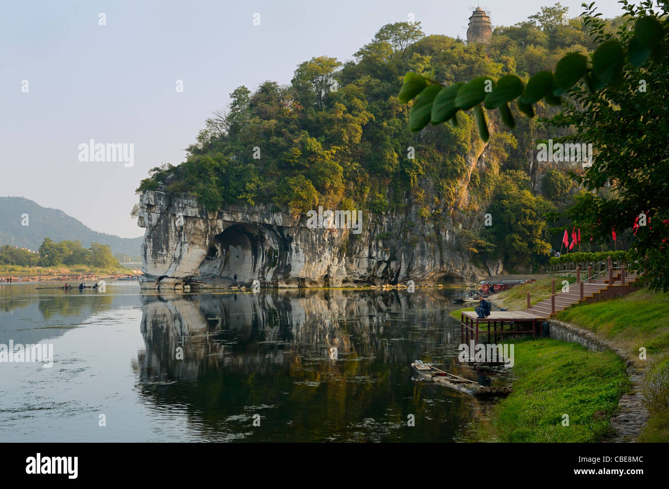 Fishing on the Li and Taohua rivers with Water Moon Cave of Elephant Trunk Hill Park Guilin China Stock Photo