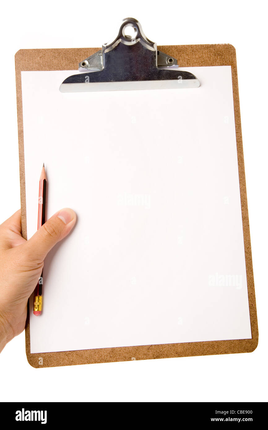 hand holding a Clipboard with white background Stock Photo Alamy