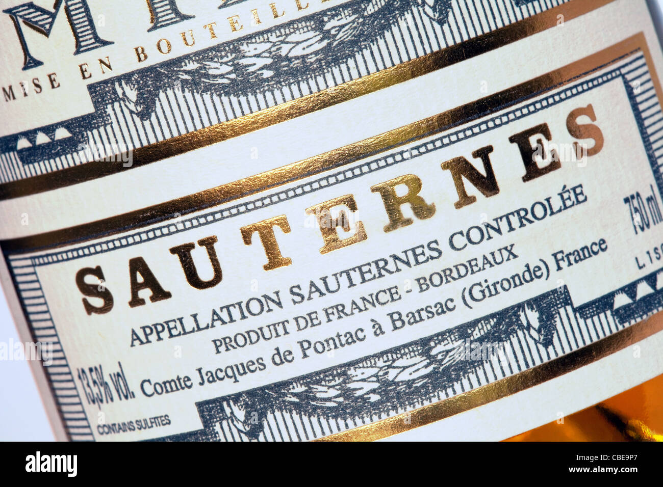 Close up of the label from a bottle of Chateau de Myrat Sauternes