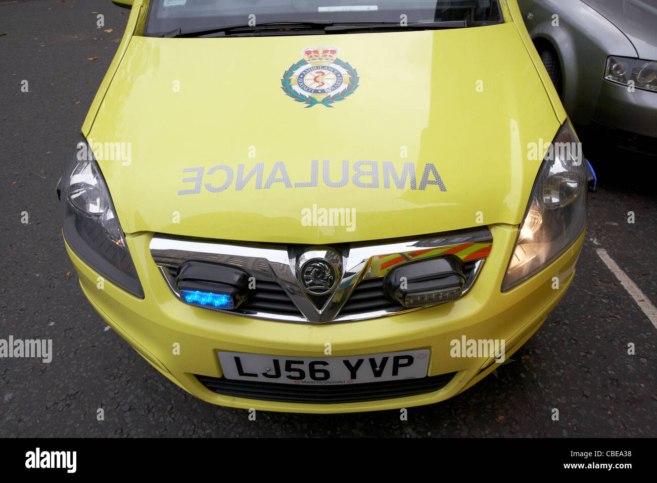 front of nhs london ambulance service paramedic fast reponse vehicle at an incident in london england uk united kingdom Stock Photo