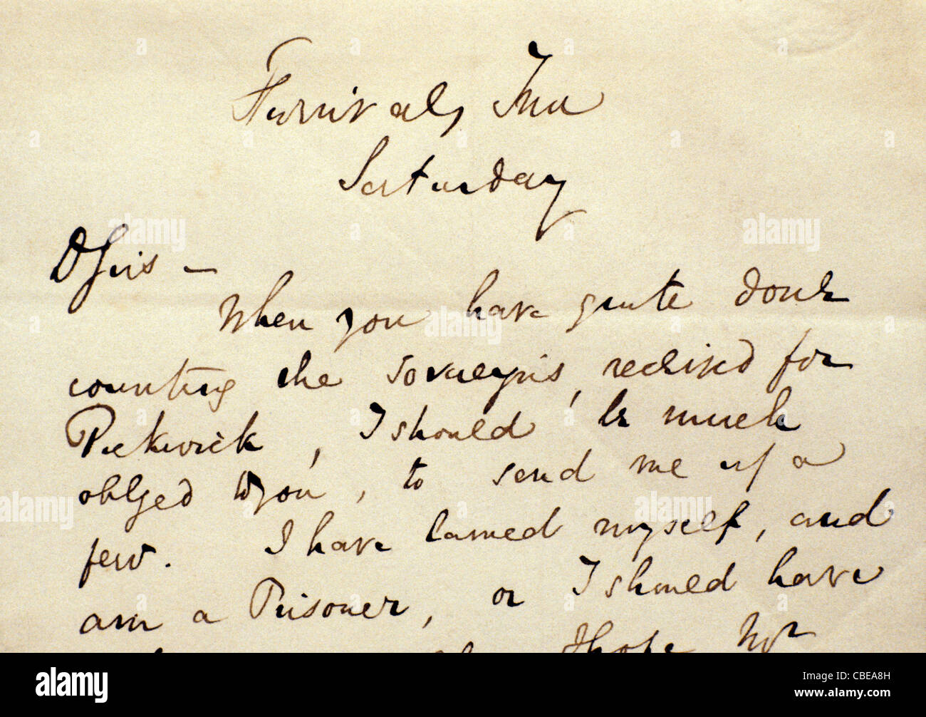 Charles Dickens, letter to his Publishers from lodgings at Furnivals Inn, Holborn, requesting money from sales of Pickwick Stock Photo