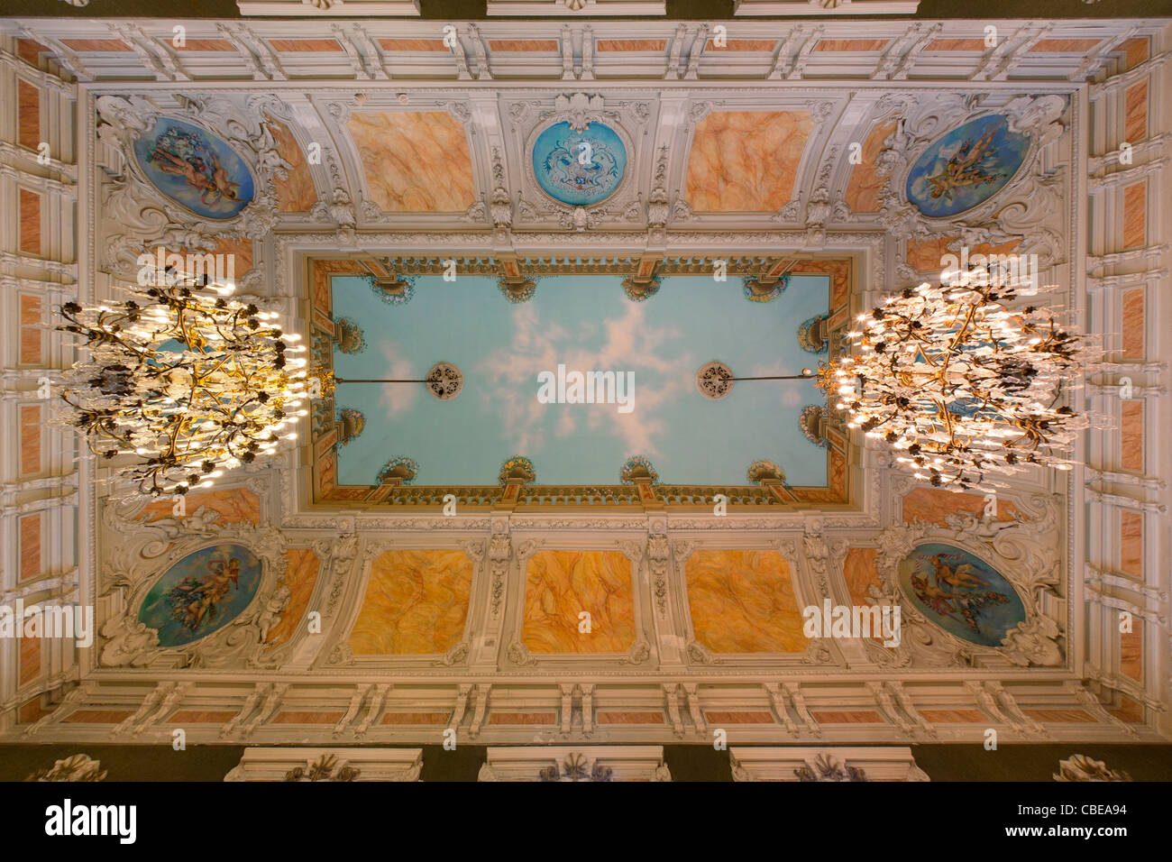 In the Vichy's opera house, the trompe-l'oeil ceiling of the Napoleon III lounge (Congress Center - Vichy - Auvergne - France). Stock Photo