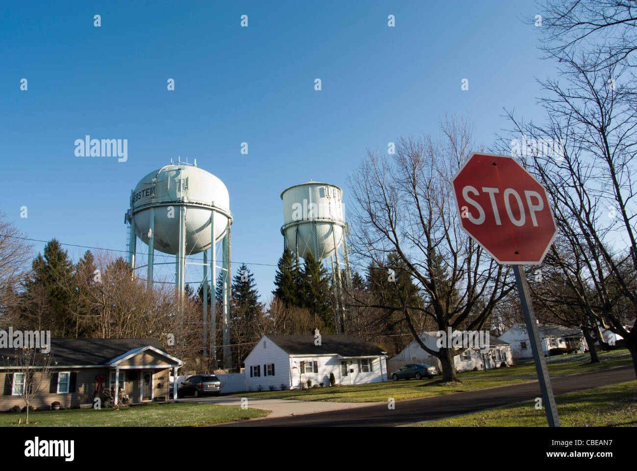Water towers in ster NY USA Stock Photo Alamy