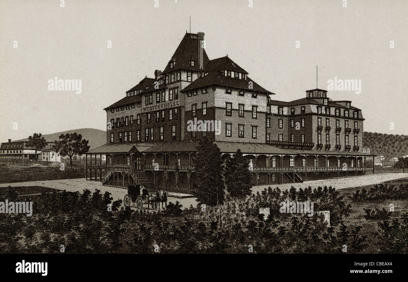 Circa 1895 view of West End Hotel in Bar Harbor, Mount Desert Island, Maine, USA. From an antique souvenir album using the Glaser/Frey lithographic process. Stock Photo
