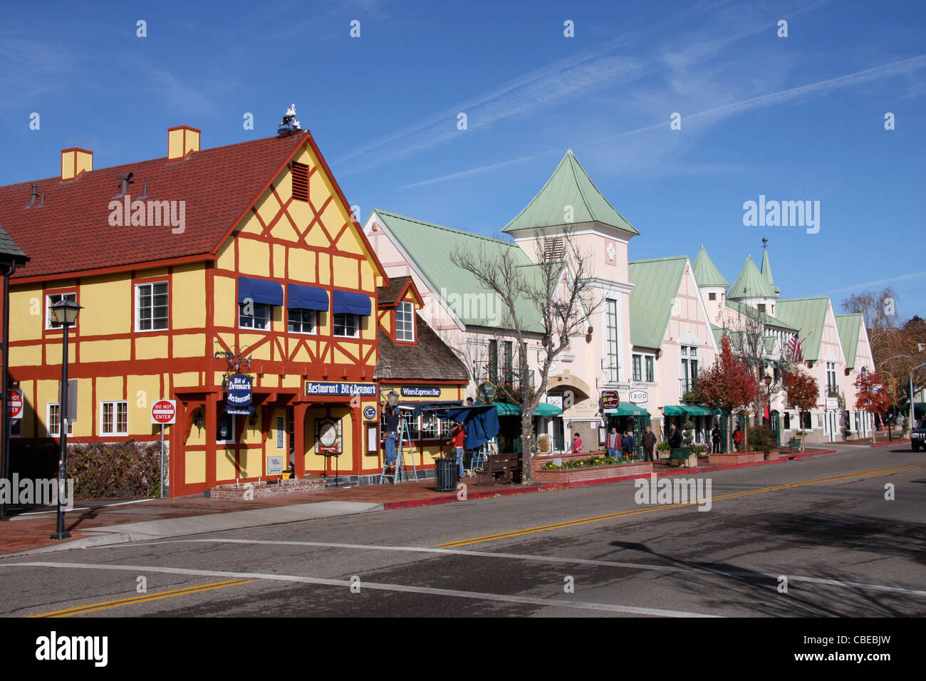 Colourful stores along Alisal Road in Solvang, California, a Danish