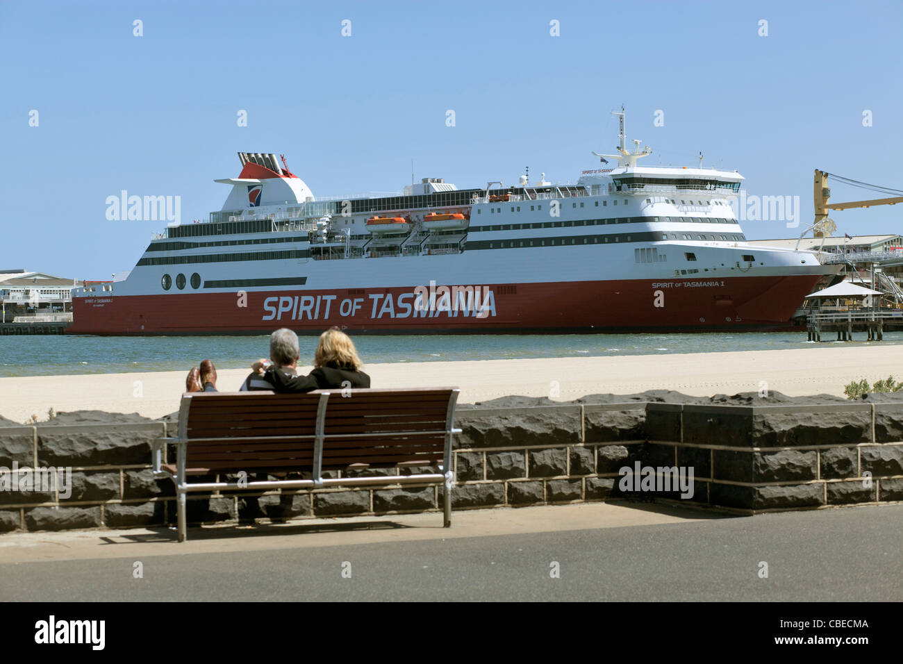 Spirit of Tasmania in Port Melbourne Dock. Melbourne, Victoria, Australia, being viewed by holidaymakers. Stock Photo