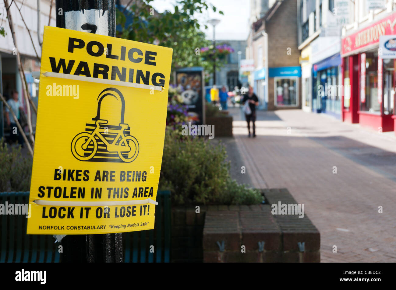 A police warning sign about the theft of Bicycles in King's Lynn town ...